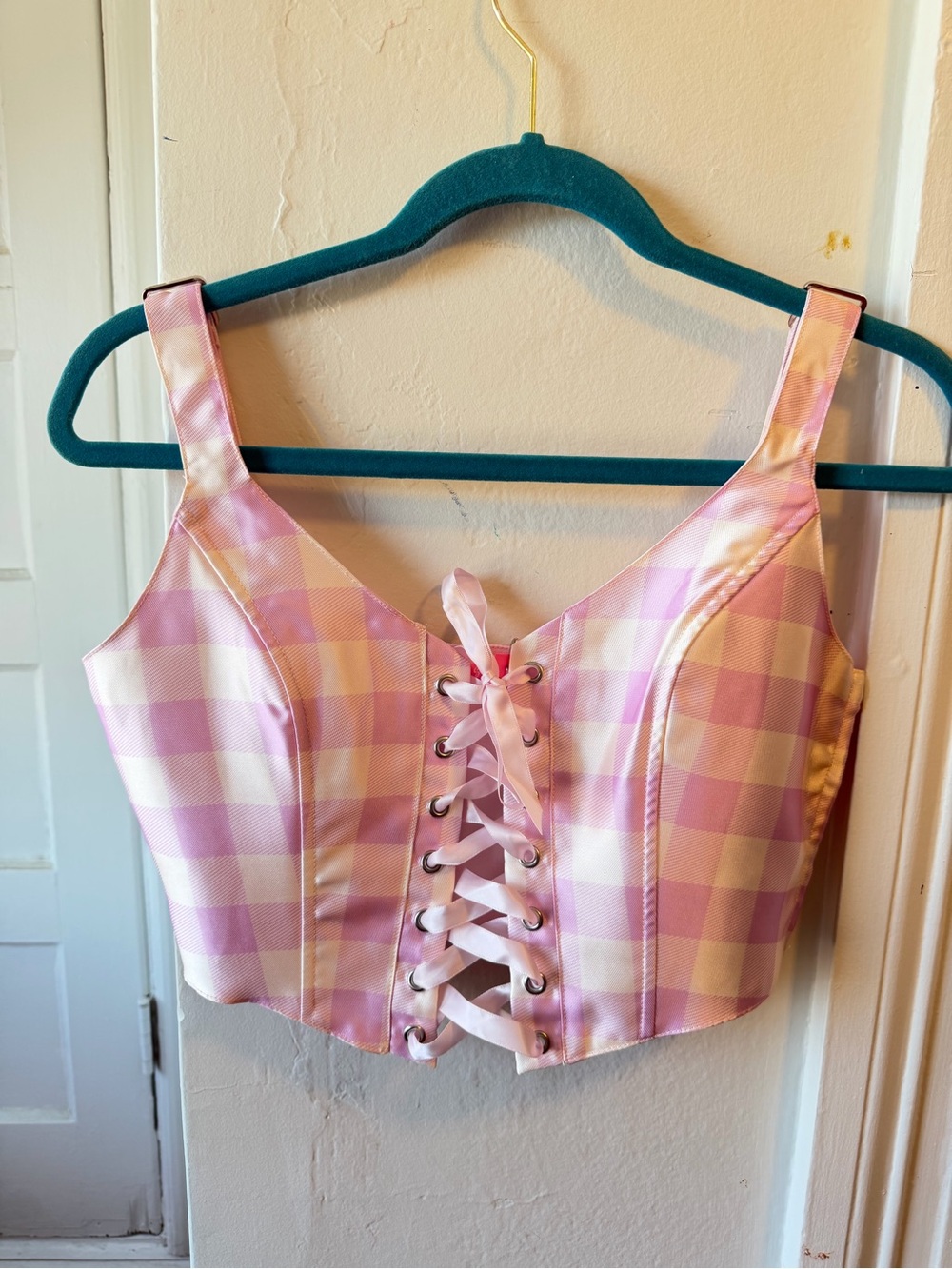 Sugar Thrillz Pink and Cream Gingham Lace-Up Satin Bustier